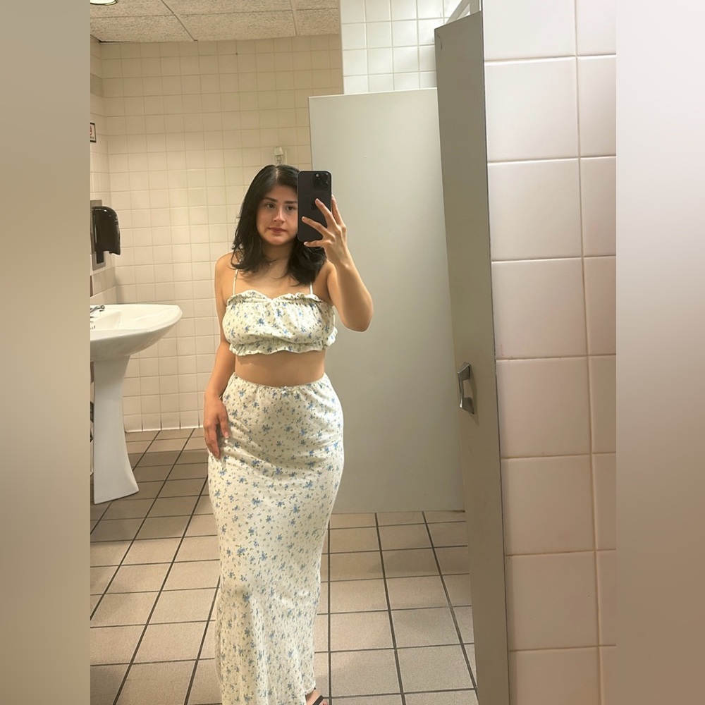 Wild Fable Floral Maxi Skirt Set in Cream and Blue